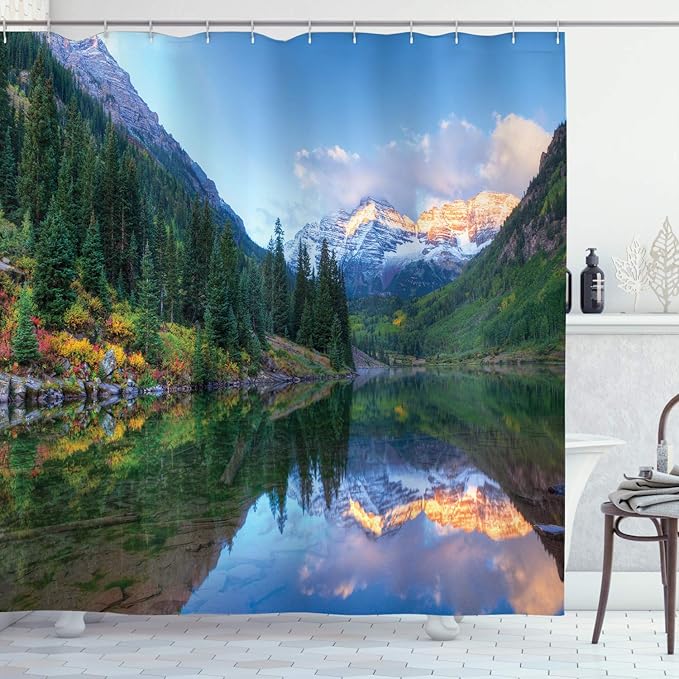 Ambesonne Landscape Shower Curtain, Symmetric Reflection of The Snowcapped Maroon Bells in Autumn Season Sunrise Panoramic Picture, Cloth Fabric Bathroom Set with Hooks, 69" W x 70" L, Yellow Green