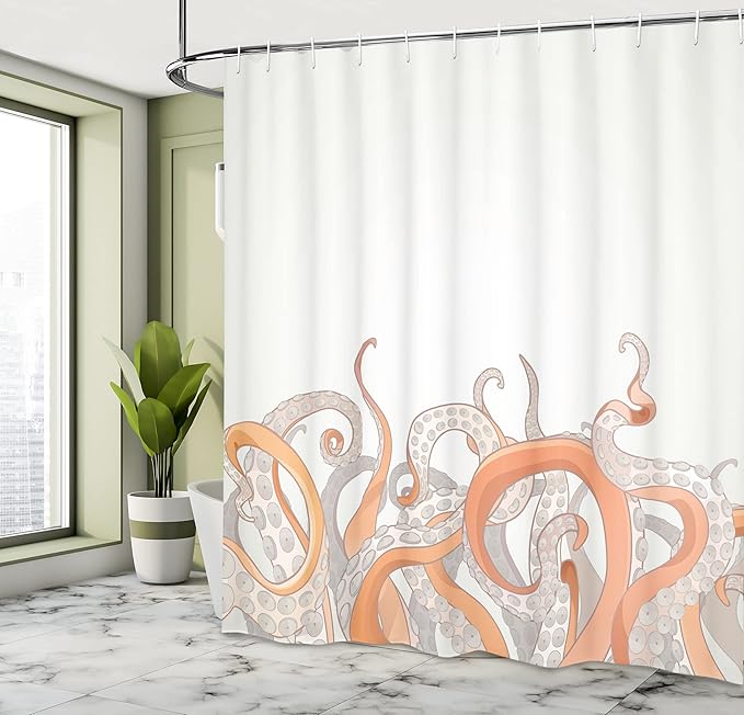 Ambesonne Octopus Shower Curtain, Pastel Colored Tentacles on a Plain Background Underwater Marine Nature and Sea Creatures Nautical, Cloth Fabric Bathroom Set with Hooks, 69" W x 75" L, Orange Grey