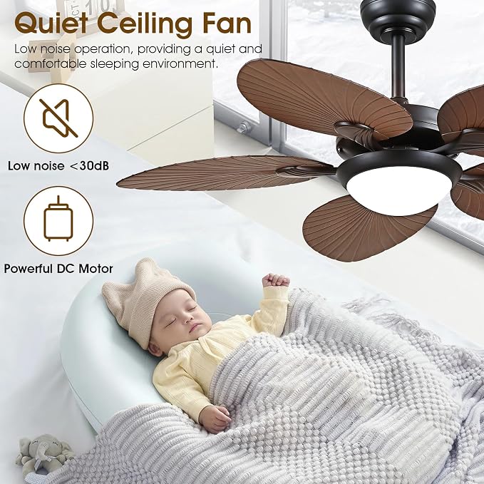 Wiviniya Tropical Ceiling Fans with Lights, 44 Inch Palm Leaf Outdoor Ceiling Fan with Light for Patios Porch Bedroom, Remote/APP Control, Reversible Quiet DC Motor, Dimmable LED, Brown