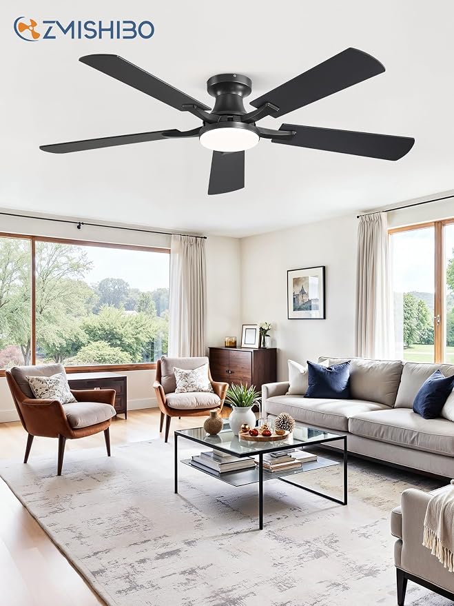 ZMISHIBO 52 Inch Ceiling Fan with Light, App&Remote Control, Flush Mount Low Profile, Dimmable 20W LED Light, Quiet Reversible Motor for Bedroom, Living Room, Apartment, Black