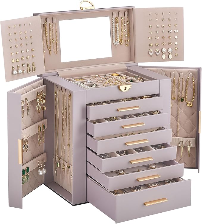 Lolalet Large Jewelry Box Organizer for Women, 7-Layer Jewelry Organizers and Storage Case with Mirror & 6 Drawers, Lockable Watch Ring Earring Bracelet Necklace Holder Girls Gift -7Layer, HazePurple