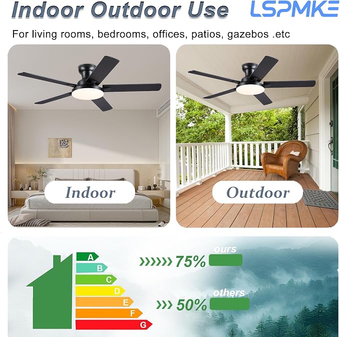 Ceiling Fans with Lights, 52 inch Flush Mount Ceiling fan with Remote Control/APP, Low Profile Ceiling Fan with 5 Blade Reversible, 3CCT, Dimmable, Modern Fan Light for Bedroom, Living Room