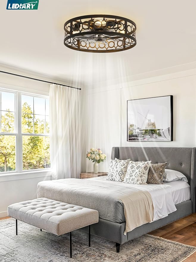 LEDIARY Caged Ceiling Fans with Lights and Remote, 20in Small Low Profile Ceiling Fan with Light, 6 Speed Farmhouse Flush Mount Ceiling Fan for Bedroom, Kitchen, Living Room-Black