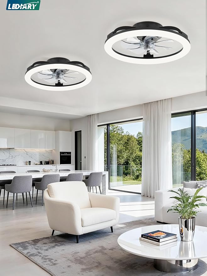 LEDIARY 2 Pack 20 Inch Low Profile Ceiling Fans with Lights and Remote, Dimmable Modern Fan Light(3000K-6000K), 6 Speed, Reversible, APP & Remote Control, Flush Mount Ceiling Fan for Bedroom, Black