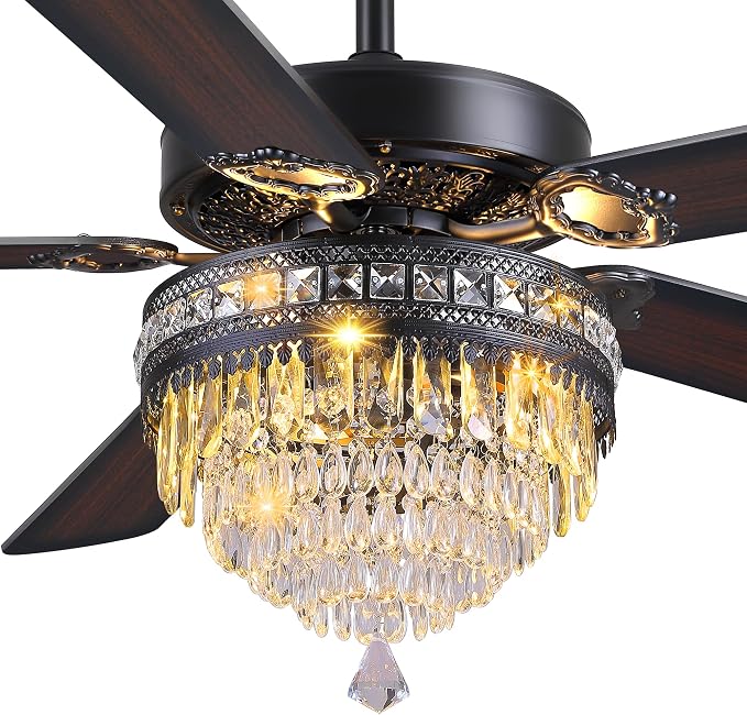 GJeg Crystal Ceiling Fan Fandelier with Lights - Outdoor Ceiling Fans with Remote Control, Farmhouse Ceiling Fan with Noiseless DC Reversible Motor,Dining Room,Living Room(62" Black)