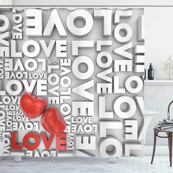 Ambesonne Love Shower Curtain, Macro Big Texts Lettering Setting Passionate Emotions Feelings Sweetheart Design, Cloth Fabric Bathroom Decor Set with Hooks, 69" W x 75" L, Grey Red White