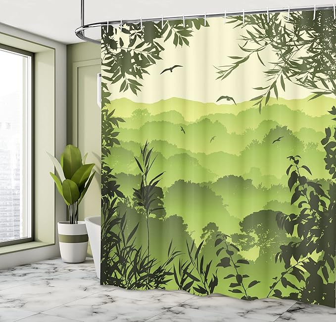 Ambesonne Forest Shower Curtain, Forest Scenery with Tea Trees and Gulls in The Jungle Birds Branches Eco Graphic Work, Cloth Fabric Bathroom Decor Set with Hooks, 69" W x 70" L, Light Green