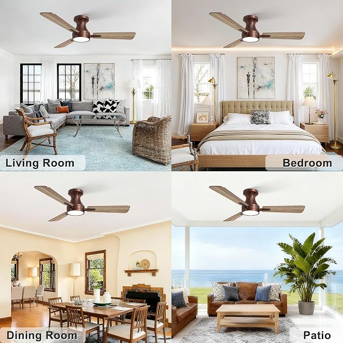 OPONL Ceiling Fan with Light, 42 inch Low Profile Ceiling fan with Light and Remote Control, Reversible, 6CCT, Dimmable, Noiseless, Brown Ceiling Fan for Bedroom, Indoor/Outdoor Use, Modern