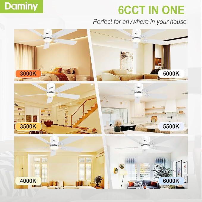 DAMINY 52 inch 5 Blades White Ceiling Fans with Lights,Flush Mount,6CCT, Low Profile Ceiling Fan with Light and Remote Control,DC Motor,Ceiling Fan for Bedroom, Kitchen,Living Room,Indoor/Outdoor Use