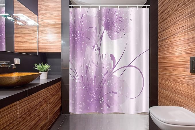 Ambesonne Modern Stall Shower Curtain, Abstract Art Style Illustration of Swirling Ornaments and Irregular Dots, Fabric Bathroom Decor Set with Hooks, 54" W x 78" L, Pale Purple and White