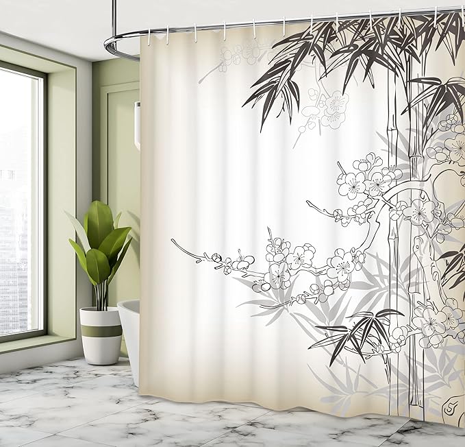 Ambesonne East Shower Curtain, Japanese Art in Traditional Style Blooming Design Sakura Tree Autumn Theme Pattern, Cloth Fabric Bathroom Decor Set with Hooks, 69" W x 70" L, White and Tan