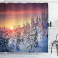 Ambesonne Winter Shower Curtain, Snowy Landscape at Gloomy Sunrise Scenery in Mountain Forest Serene Nature Photo, Cloth Fabric Bathroom Decor Set with Hooks, 69" W x 75" L, White Red