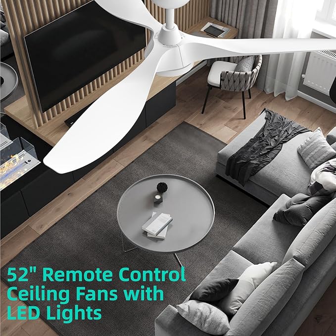 Roomratv Ceiling Fans with Lights,Large Airflow 52inch Modern Ceiling Fan with Quite Reversible DC Motor 3 Color Temperature LED Light (White)