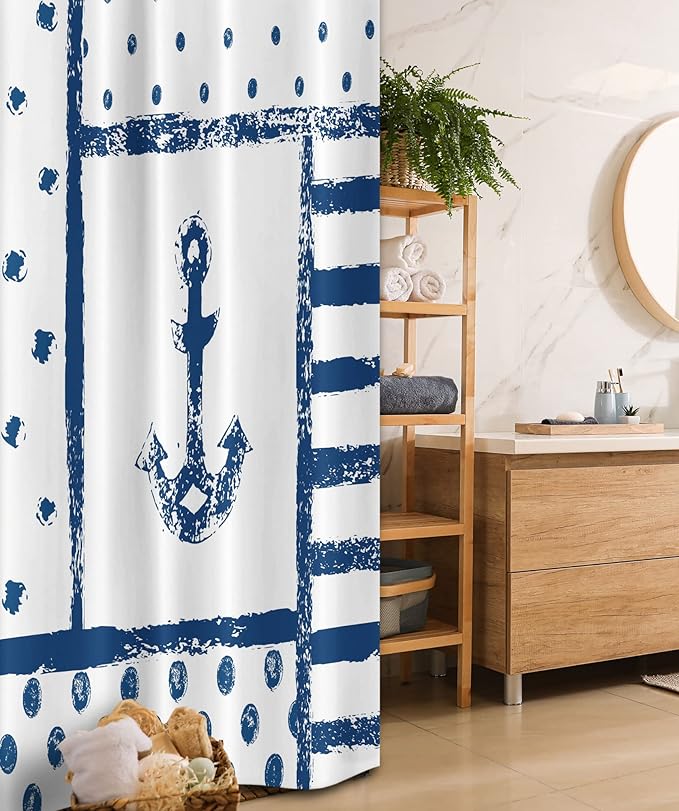 Ambesonne Anchor Stall Shower Curtain, Grunge Murky Boat Marine Silhouette Polka and Stripe Retro Navy Theme Art, Fabric Bathroom Decor Set with Hooks, 36" W x 72" L, Dark Blue White