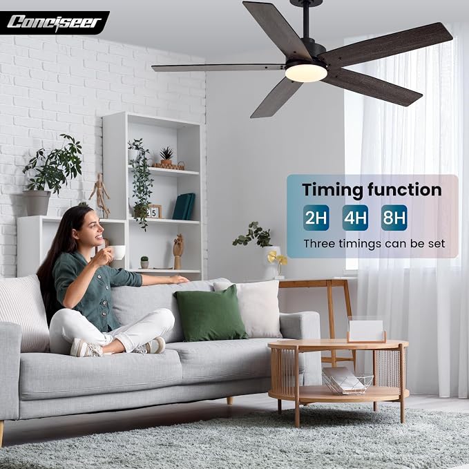Modern 52 Inch Ceiling Fans with Lights and Remote for Bedroom Living Room Kitchen Home Office Indoor/Outdoor, 18W 3CCT Dual Color 5 Blades 6 Speed Reversible Quiet DC Motor, Black/Wood Grain