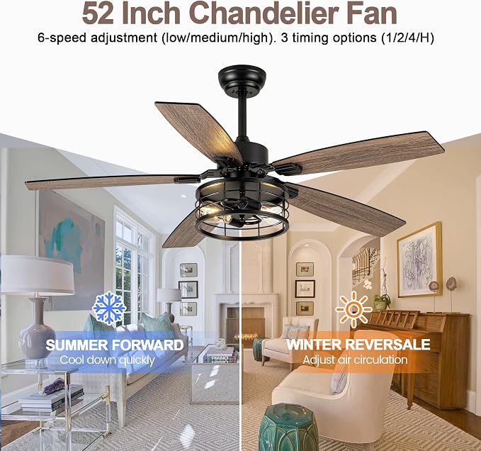 52 Inch Farmhouse Ceiling Fan with Light and Remote Black Industrial Ceiling Fan Quiet and Reversible DC Motor Rustic Caged Chandelier Fan for Living Room Bedroom Patio