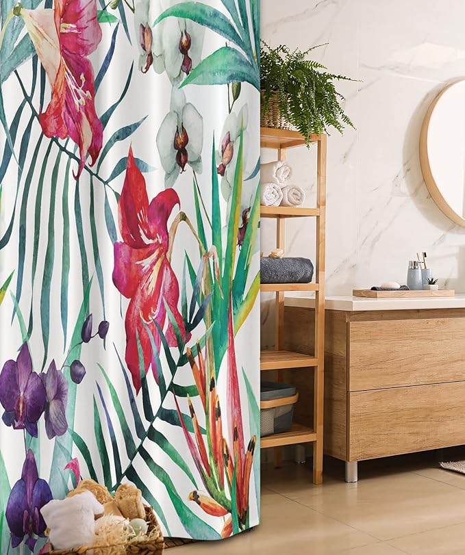 Ambesonne Watercolor Flower Stall Shower Curtain, Tropical Wild Orchid Flowers with Palm Leaves Print Exotic Style Nature, Fabric Bathroom Decor Set with Hooks, 36" W x 72" L, Coral Eggplant White