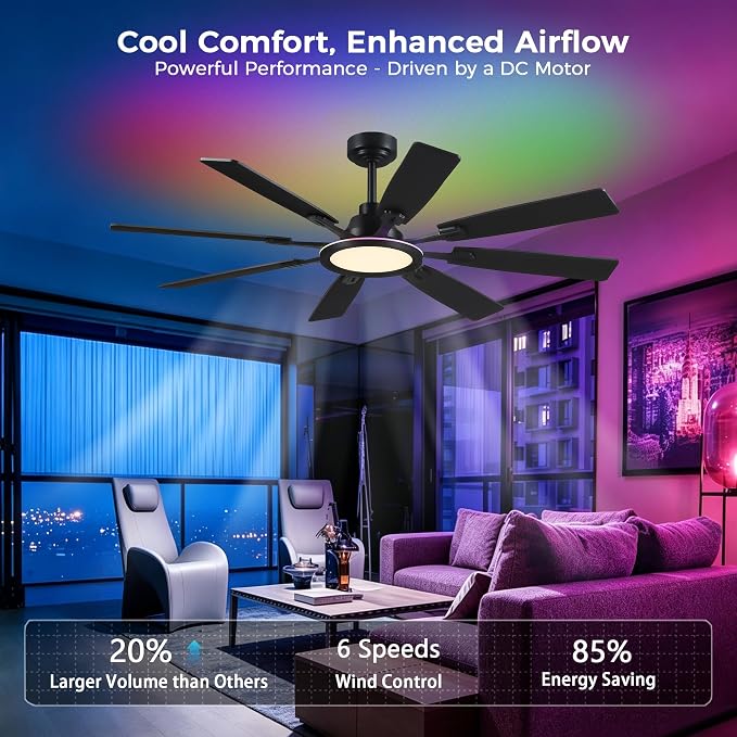 Ceiling Fan With Light & Remote Indoor/Outdoor Use 60 Inch RGB Black | Remote Control,RGB Dimmable,Reversible DC Motor,3CCT,Timer,Noiseless,Ceiling Fan for Bedroom Living Room