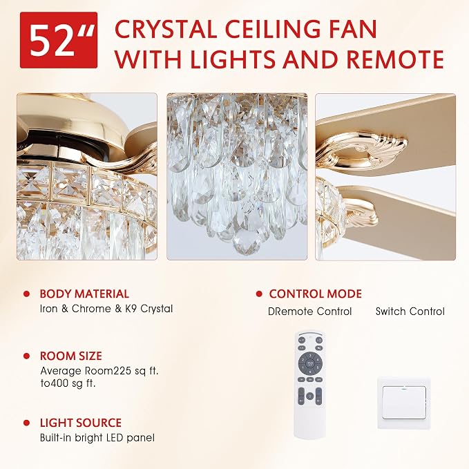 GJeg Crystal Ceiling Fan Fandelier with Lights-Ceiling Fans with Remote Control,Modern Ceiling Fan with Noiseless DC Reversible Motor,Dining Room,Living Room(52" Gold)