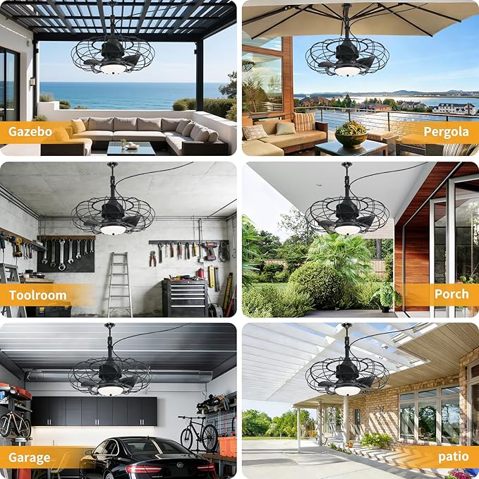 AHAWILL Outdoor Ceiling Fan with Light,20in Gazebo Fan with Remote and APP, 6 Speed,Dimmable 3 Color,Waterproof Cage Fan for Patio,Porch, Pergola,Canopy (dark black)