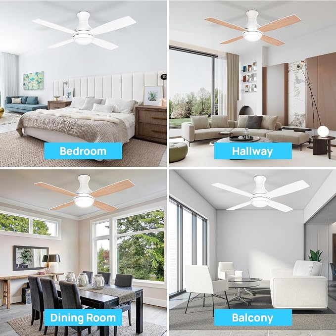 Consciot Ceiling Fan With Lights, 52 Inch Modern Low Profile Ceiling Fan, Remote Control, Quiet Reversible DC Motor, Dimmable 3 Color, 4 Double Finish Blades, Flush Mount, Indoor Only, White