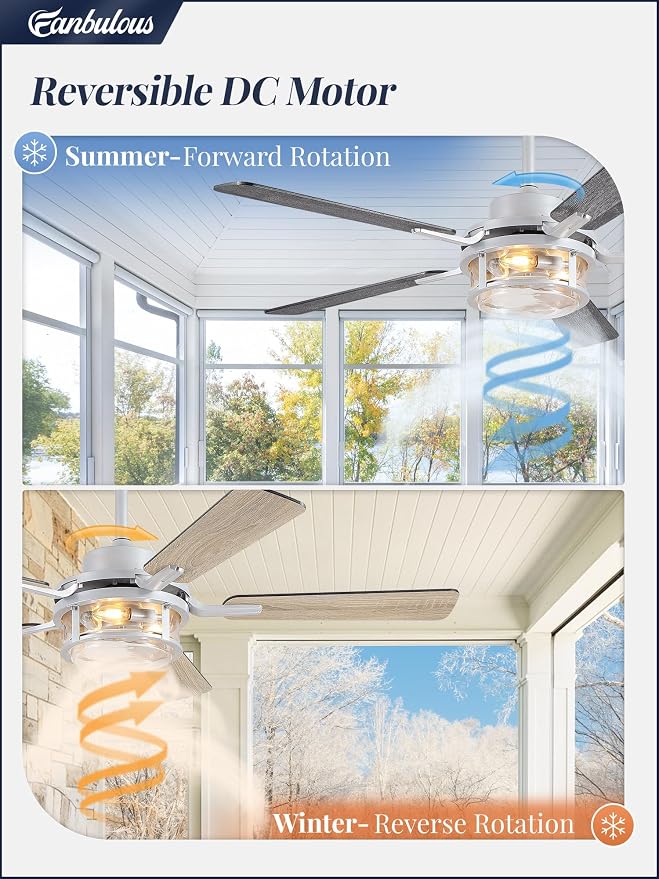 Fanbulous 52 Inch Ceiling Fan with Light and Remote,Downrod Mount Farmhouse Ceiling Fan for Bedroom, Quiet 6-Speed Reversible DC Motor, Rustic White & Wood Finish Blades