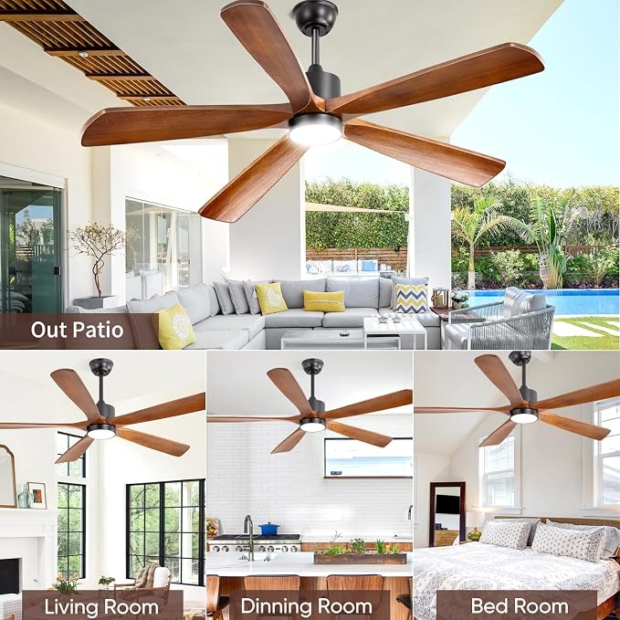 52 Inch DC Ceiling Fan Light 5 Walnut Blades UL Damp Rated | 5 walnut blades, dimmable 3000K-6500K LED, 6-speed reversible remote, UL damp rated for indoor outdoor farmhouse space