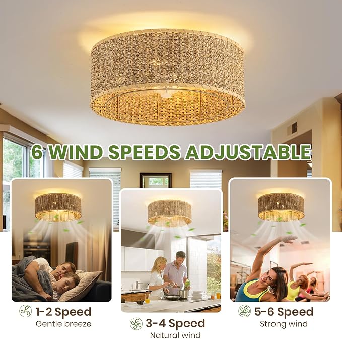 Boho Ceiling Fan with Light,Caged Ceiling Fan with Remote Control Reverible Blades Low Profile 6 Speeds Farmhouse Rattan Fandelier Chandelier Ceiling Fans for bedroom dining room kitchen living room