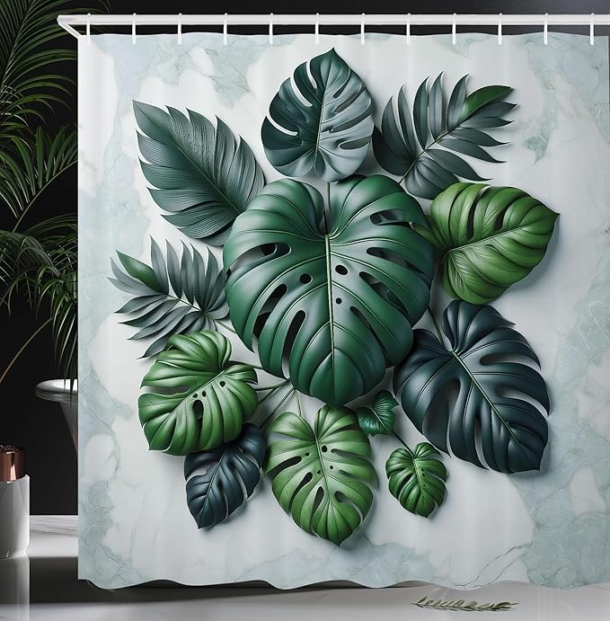 Ambesonne Dark Green Shower Curtain, Tropical Leaves Monstera and Palms on Marble Print Background, Cloth Fabric Bathroom Decor Set with Hooks, 69" W x 84" L, Fern Green and Pale Seafoam