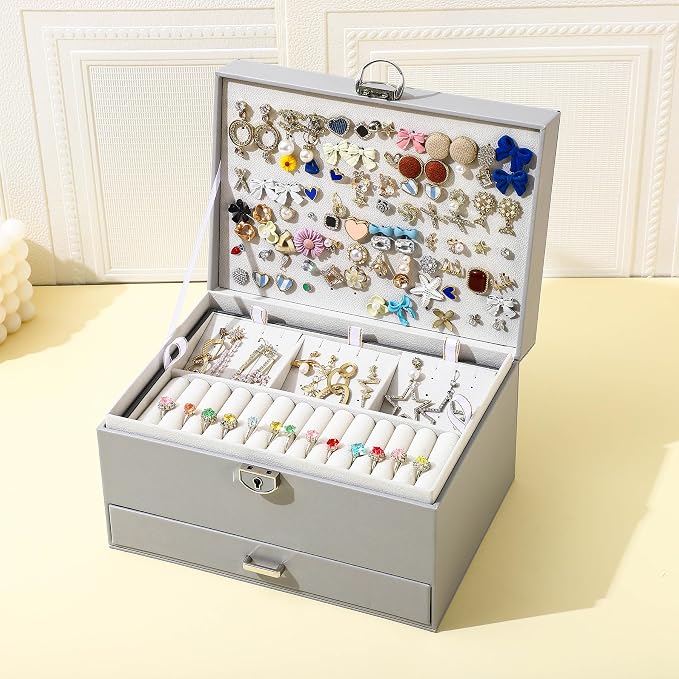 BOOVO Large Jewelry Boxes For Women (grey) | 5 Layers Jewelry Organizer Box With Cosmetic Storage Drawer, Necklace Ring Jewelry Organizer Box
