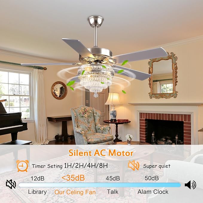 GJeg Crystal Ceiling Fan Fandelier with Lights - Retro Outdoor Fans with Remote Control, Farmhouse Ceiling Fan with Noiseless AC Reversible Motor,Dining Room,Living Room(52" Silver)