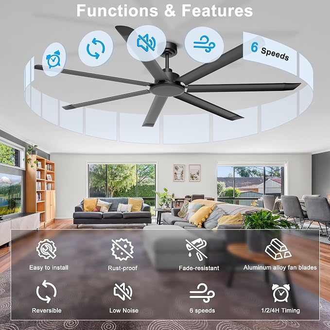 Ohniyou 72'' Industrial Ceiling Fan No Light for Patio, Garage, Black | 8000 CFM Airflow, 35dB DC Motor, 7 Aluminum Blades, Remote/APP Control, Covered Outdoor Metal Fan