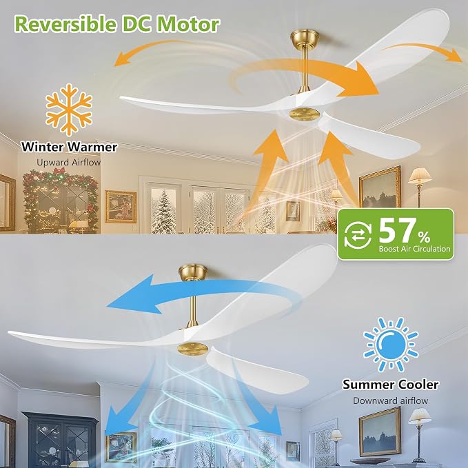 Haipeel 72 Inch Ceiling Fans without Lights, Wood Large Ceiling Fan no Light and Remote Control, Modern Indoor Outdoor Ceiling Fan no Light 3 Blade Propeller for Patios Garage High cfm, White Gold