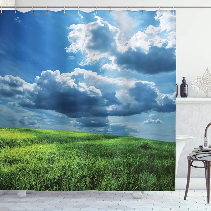 Ambesonne Clouds Shower Curtain, Freshening Grasslands and Large Rain Clouds Epic Field Idyllic Sky Scenery, Cloth Fabric Bathroom Decor Set with Hooks, 69" W x 70" L, Blue Green
