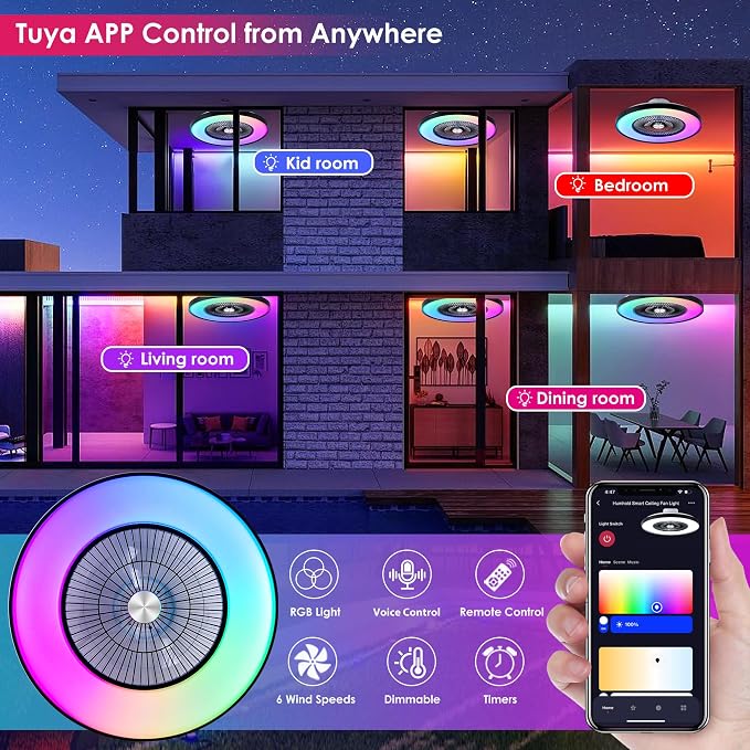 24" Bladeless Ceiling Fans with Lights and Remote/APP/Voice Control, Low Profile Ceiling Fan with RGB Lights, Enclosed Flush Mount Ceiling Fan for Kid's Bedroom/Living Room