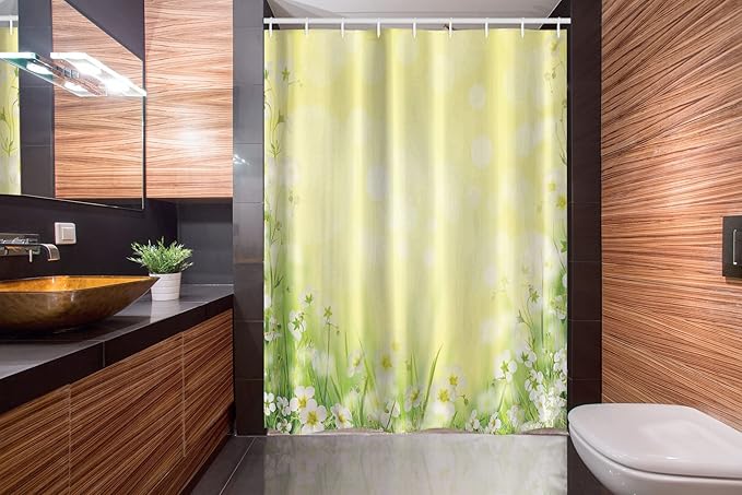 Ambesonne Flower Stall Shower Curtain, Blossom Field with Fresh Grass Soft Springtime Blurred Illustration, Fabric Bathroom Decor Set with Hooks, 54" W x 78" L, Yellow Green