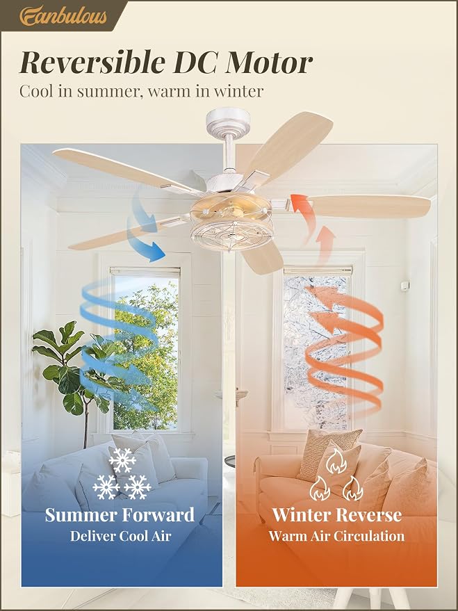 Farmhouse Ceiling Fan with Light and Remote, Industrial Caged Flush Mount Ceiling Fans with 6 Speed Reversible Motor and Dual Finish 5 Blades, for Living room, Bedroom (White and Gold, 52Inch)