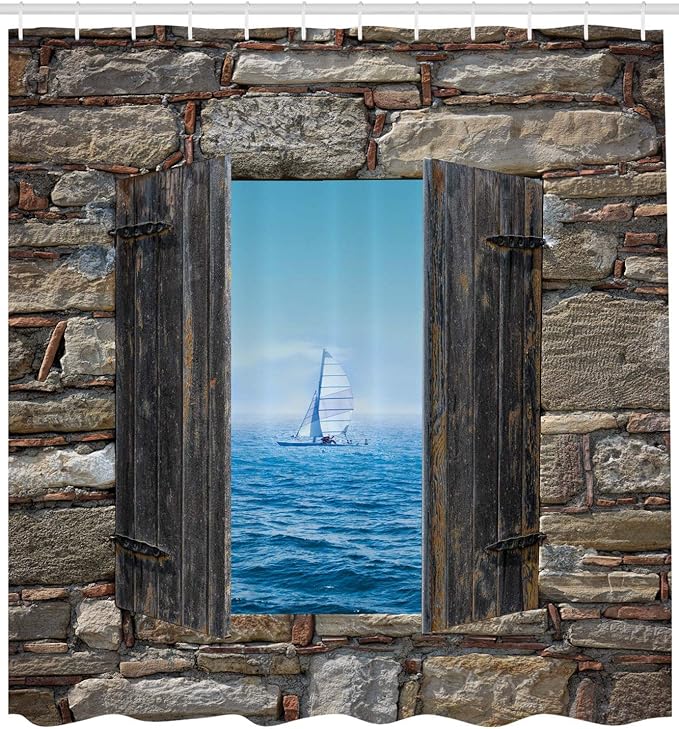 Ambesonne Nautical Shower Curtain, Image of a Sailing Boat from Stone Window Narrow Perspective Idyllic Mediterranean, Cloth Fabric Bathroom Decor Set with Hooks, 69" W x 84" L, Grey Blue