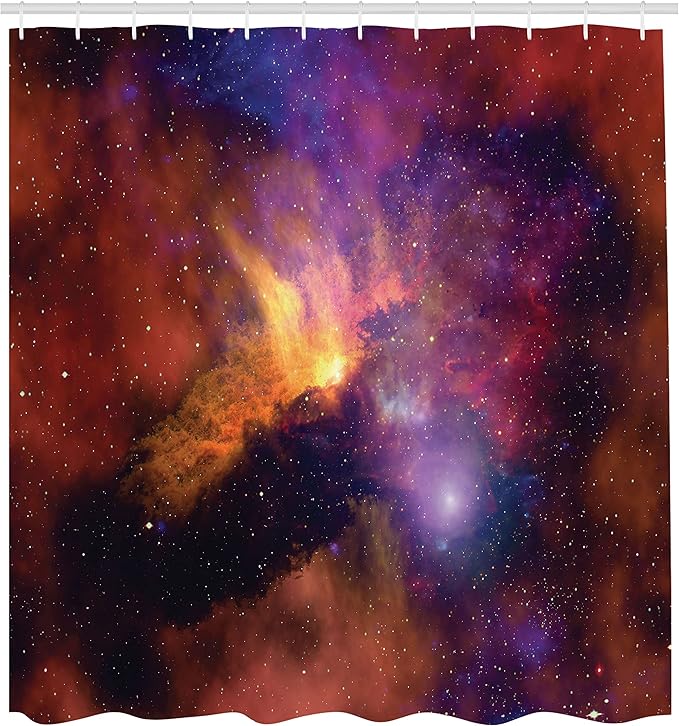 Ambesonne Outer Space Shower Curtain, Space Stars and Nebula Gas and Dust Cloud Celestial Solar Galaxy System, Cloth Fabric Bathroom Decor Set with Hooks, 69" W x 84" L, Purple Red Orange