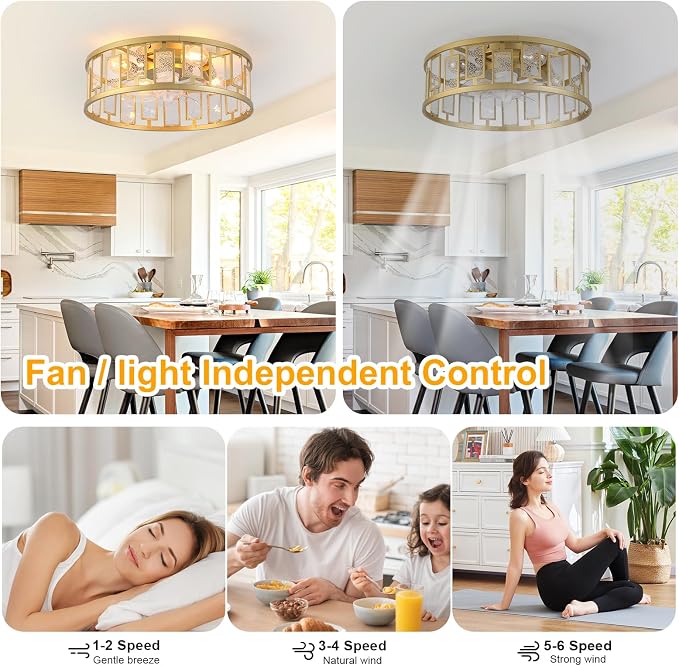 Garwarm 20IN Caged Ceiling Fan with Light,Flush Mount Ceiling Fans with Lights and Remote,Bladeless Fandelier Low Profile Ceiling Fan Light Fixture for Bedroom,Kitchen,Dining Room, Gold