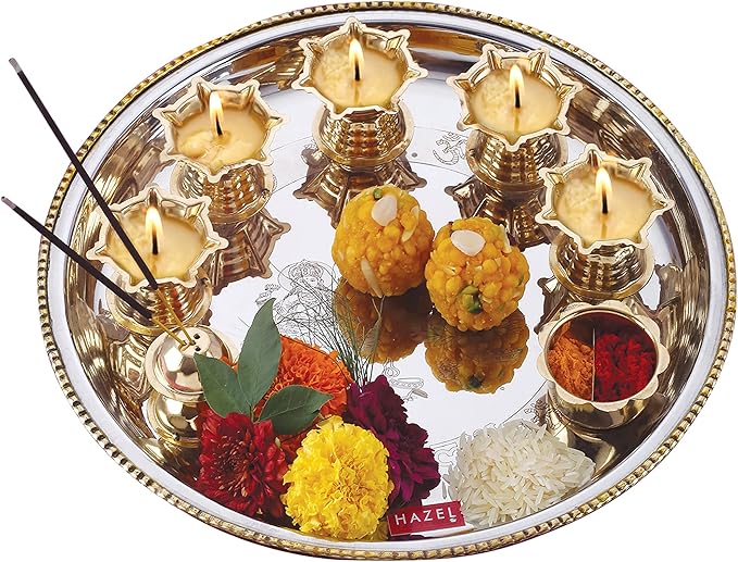 HAZEL Stainless Steel Pooja Aarti Thali Set, 11 inches with 5 Pcs Diva, 1 Pc Incense Holder and Kumkum Wati, Silver