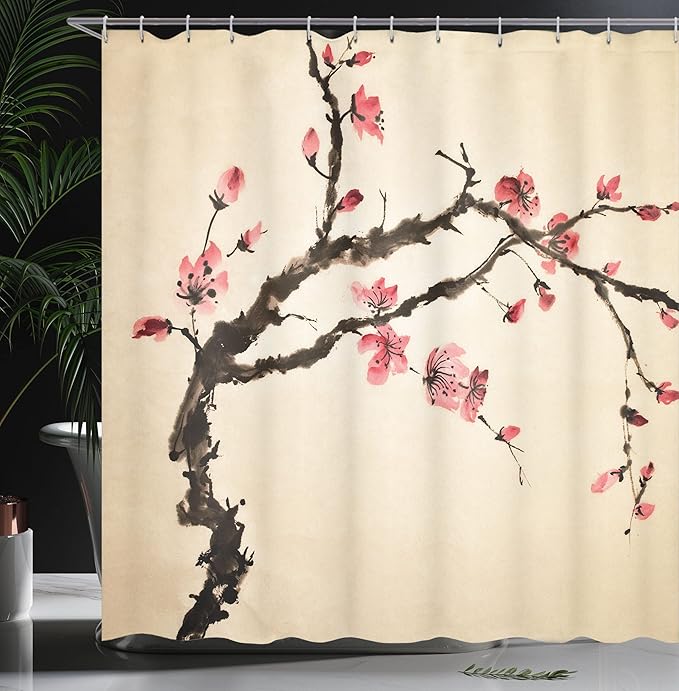 Ambesonne Japanese Shower Curtain, Traditional Chinese Paint of Figural Tree with Details Brushstroke Effects Print, Cloth Fabric Bathroom Decor Set with Hooks, 69" W x 75" L, Brown Pink