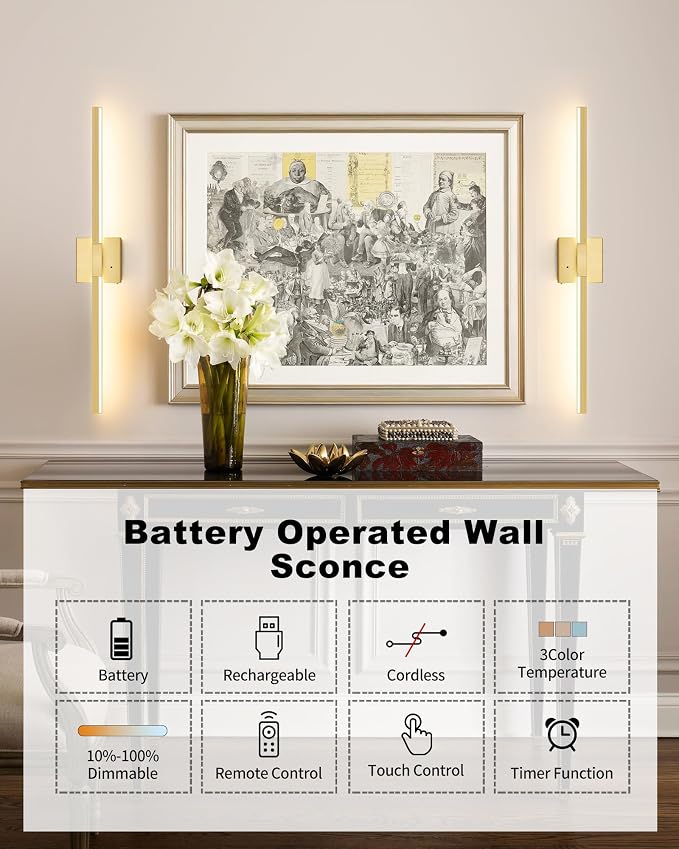 Rayogale Gold Battery Operated Wall Sconces with Remote Control, 32 Inch | 3000/4500/6000K Dimmable 8000mAh Rechargeable Battery Wall Sconces Set of Two with Timer for Living Room, Bedroom