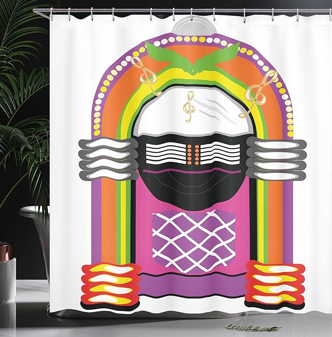 Ambesonne Jukebox Shower Curtain, Cartoon Vivid Design Vintage Music Notes Radio Box Art, Cloth Fabric Bathroom Decor Set with Hooks, 69" W x 84" L, Orange Purple and Green