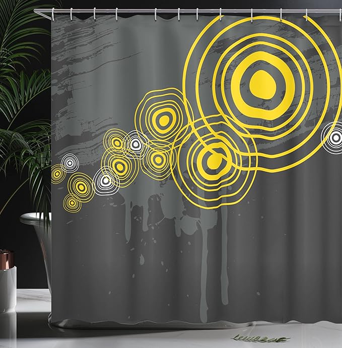 Ambesonne Grey and Yellow Shower Curtain, Music Street Design Inspired Geometrical Inner Circles Image, Cloth Fabric Bathroom Decor Set with Hooks, 69" W x 70" L, Charcoal Grey and Black