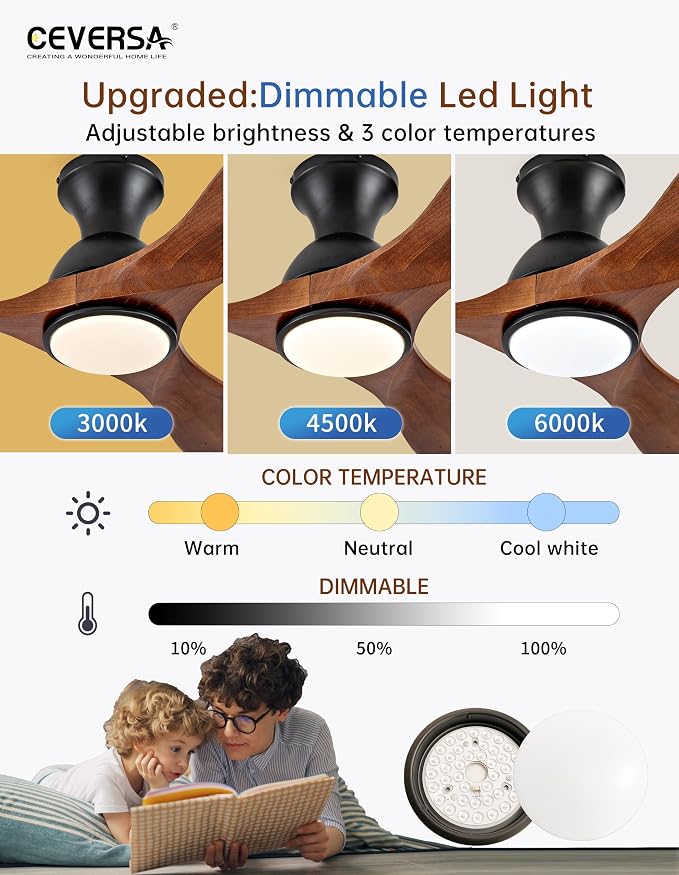 52 Inch Low Profile Ceiling Fans with Lights and Remote, Flush Mount Wood 3 Blade Ceiling Fan,Dimmable,Quiet Noiseless DC Motor for Patios,Living Room,Bedroom(Wall Control Switch)
