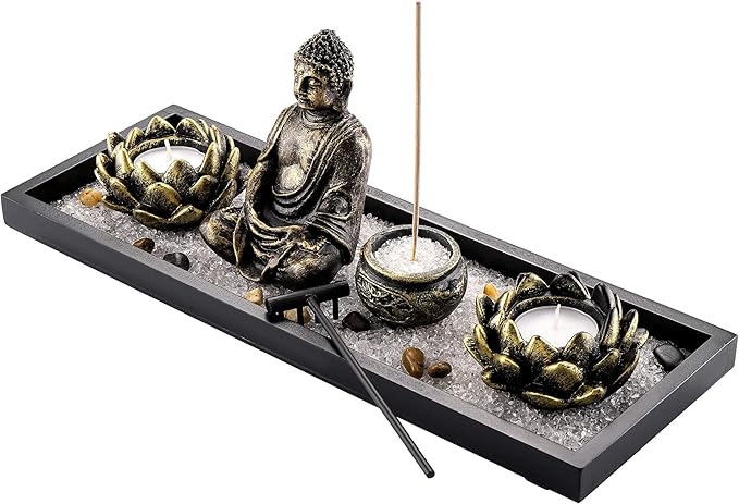 Jovivi Zen Garden Set Buddha Statue 2 Lotus Tealight Candle Holders, Mallet & Rocks and Crystals & Incense Burner Stick Holder Bowl & Wood Tray for Yoga Meditaion Home Table Decor Gift