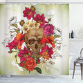 Ambesonne Skull Shower Curtain, Skull and Flowers Day of The Dead Buds Leaves Daisies Camellias Festival Art, Cloth Fabric Bathroom Decor Set with Hooks, 69" W x 84" L, Fuchsia Beige