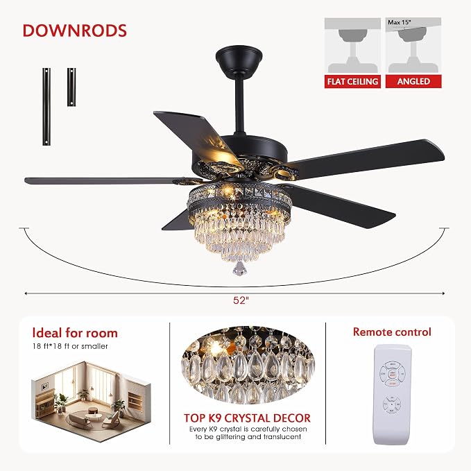 GJeg Crystal Ceiling Fan Fandelier with Lights- Retro Outdoor Fans with Remote Control, Farmhouse Ceiling Fan with Noiseless AC Reversible Motor,Dining Room,Living Room(52" Black)