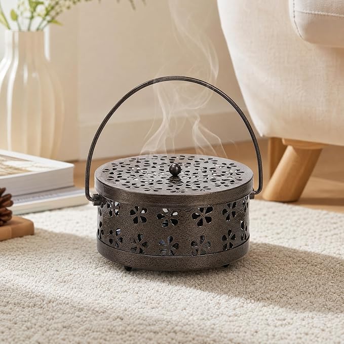 ZENFUN 2 Pack Iron Coil Holders with Lid and Handle, Bronze Incense Coil Burner with Lid, Retro Portable Coil Holder for Camp Use, Indoor, Outdoor, Fireproof, 5.7 Inches Diameter